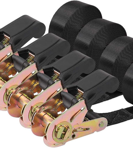 Endless Ratchet Tie down Straps Heavy Duty Cargo Tie Downs, Durable Nylon Black Strap down Ratcheting Securing Straps, Track Spring Fittings, Tie-Down Motorcycles, Trailer Loads, Kayak (8Ft - 4Pack)