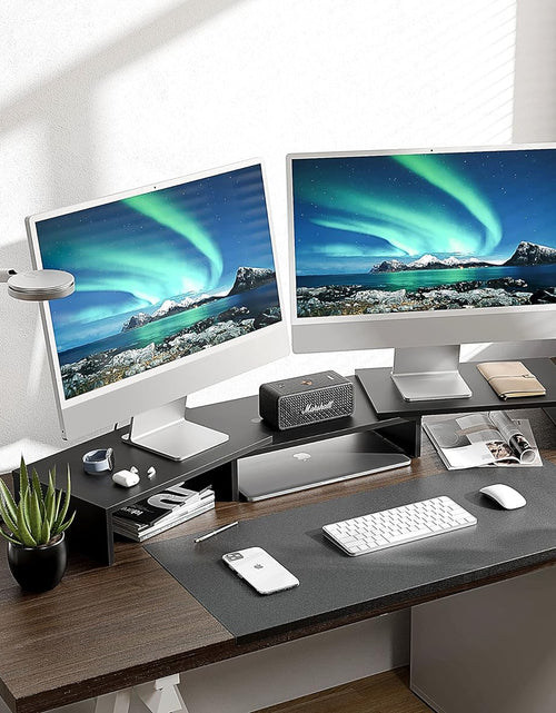 Load image into Gallery viewer, Dual Monitor Stand – 3 Shelf Computer Monitor Riser, Wood Desktop Stand with Adjustable Length and Angle, Desk Accessories, Office Supplies Medium Black,Dt108001Wb
