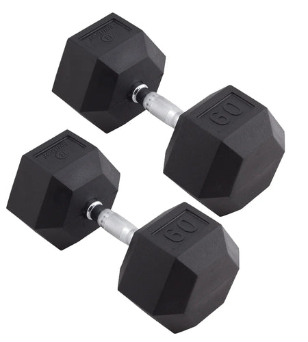 Rubber Encased Hex Dumbbell - Set of Two - Black/Metal - 60 Pounds