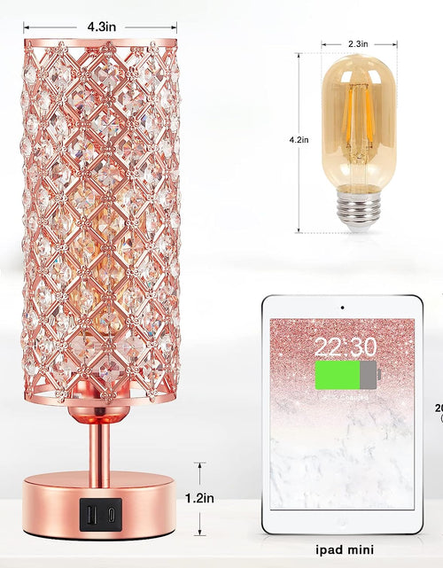 Load image into Gallery viewer, Crystal Table Lamp, Rose Gold Lamp with USB C+A Ports, 3 Way Dimmable Light with Crystal Lampshade, Bedside Lamp Small Touch Light for Living Room Bedroom Home, Charge Phone (Bulb Included)
