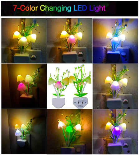 2-Pack Night Lights 7 Color Changing W/Dusk to Dawn Sensor LED Nightlight Mushroom Lamp, 0.6W Plug-In LED Lamp Auto On/Off Night Light for Kids Children Baby Adults Mother