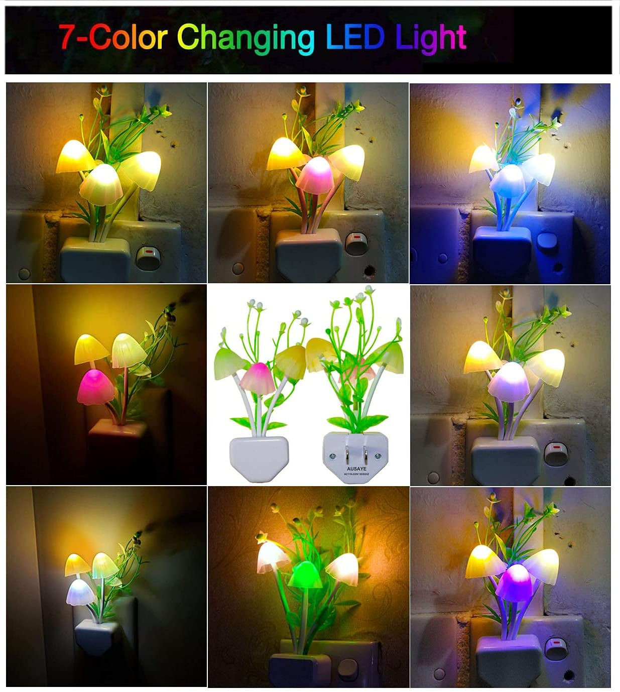 2-Pack Night Lights 7 Color Changing W/Dusk to Dawn Sensor LED Nightlight Mushroom Lamp, 0.6W Plug-In LED Lamp Auto On/Off Night Light for Kids Children Baby Adults Mother