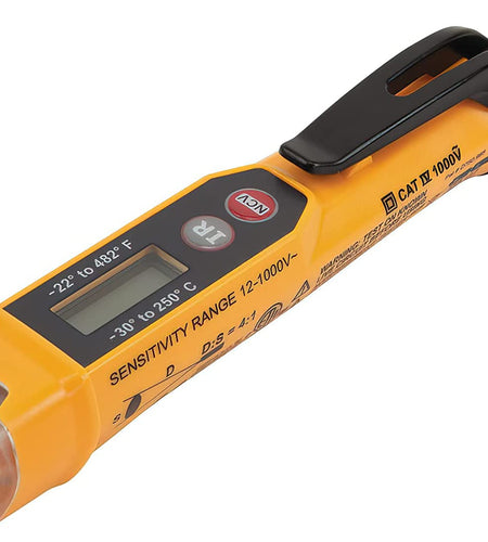 NCVT-4IR Non-Contact Volt Tester, 12 - 1000V AC Pen with IR Thermometer -22 to 482 Deg F, LED and Audible Alarms, Pocket Clip