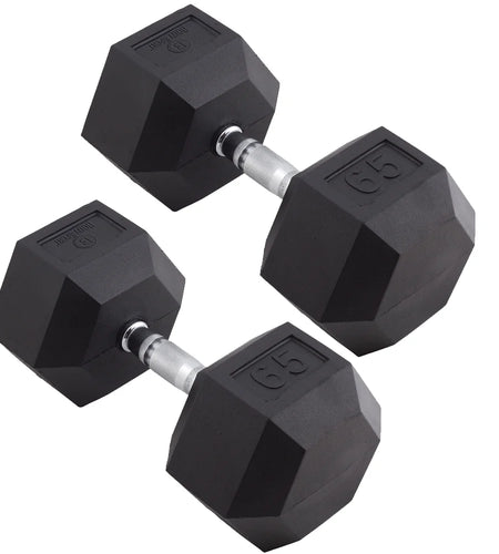 Rubber Encased Hex Dumbbell - Set of Two - Black/Metal - 65 Pounds
