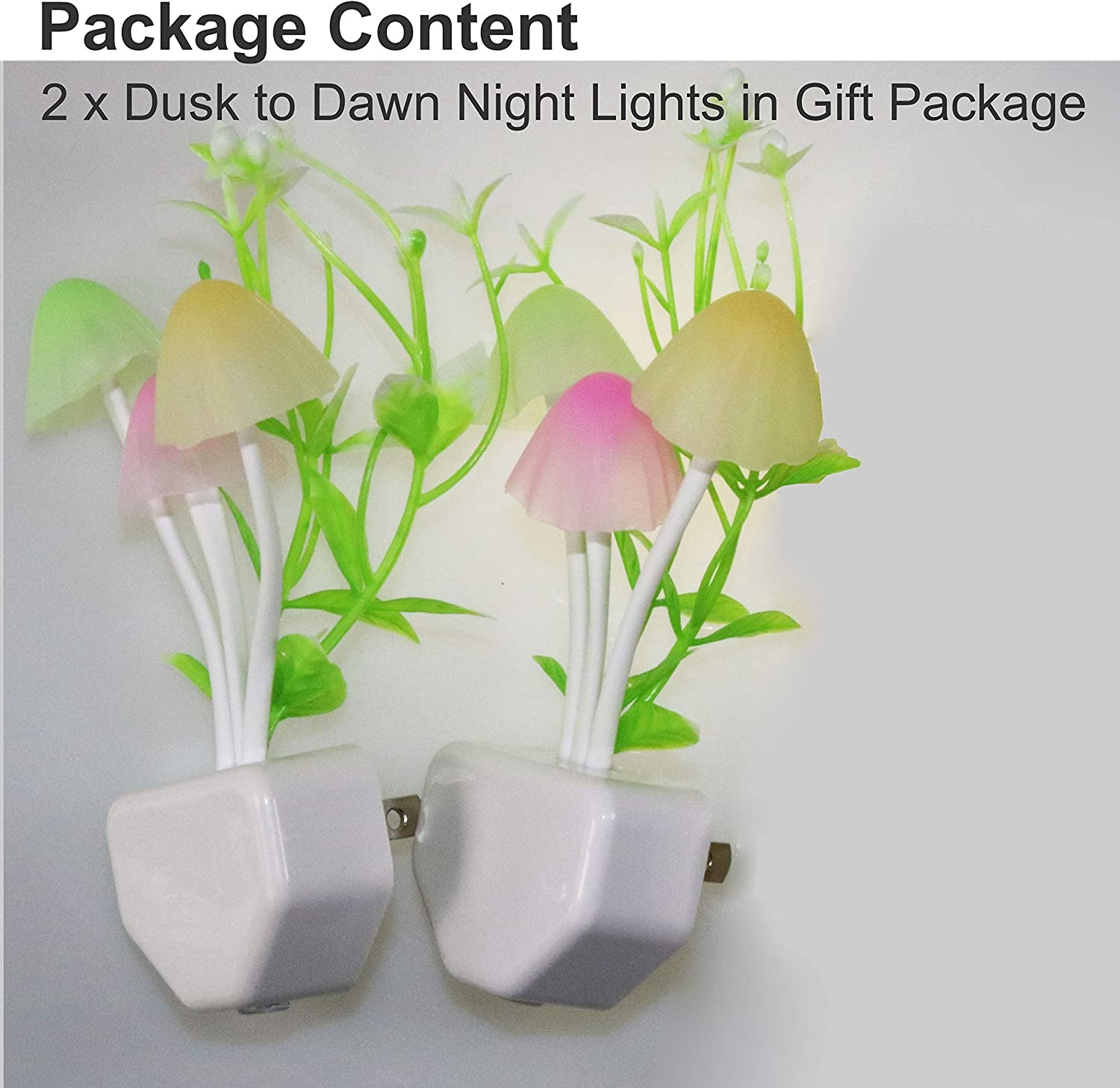 2-Pack Night Lights 7 Color Changing W/Dusk to Dawn Sensor LED Nightlight Mushroom Lamp, 0.6W Plug-In LED Lamp Auto On/Off Night Light for Kids Children Baby Adults Mother