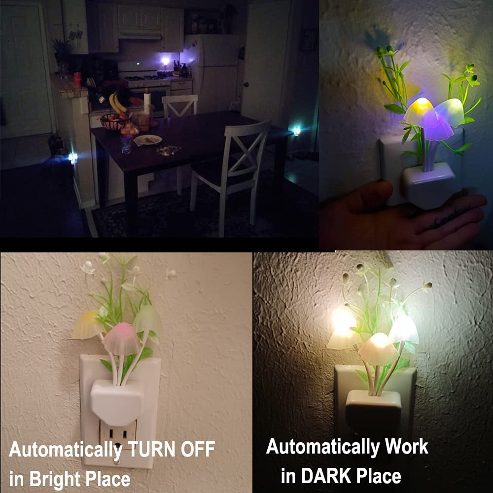 2-Pack Night Lights 7 Color Changing W/Dusk to Dawn Sensor LED Nightlight Mushroom Lamp, 0.6W Plug-In LED Lamp Auto On/Off Night Light for Kids Children Baby Adults Mother