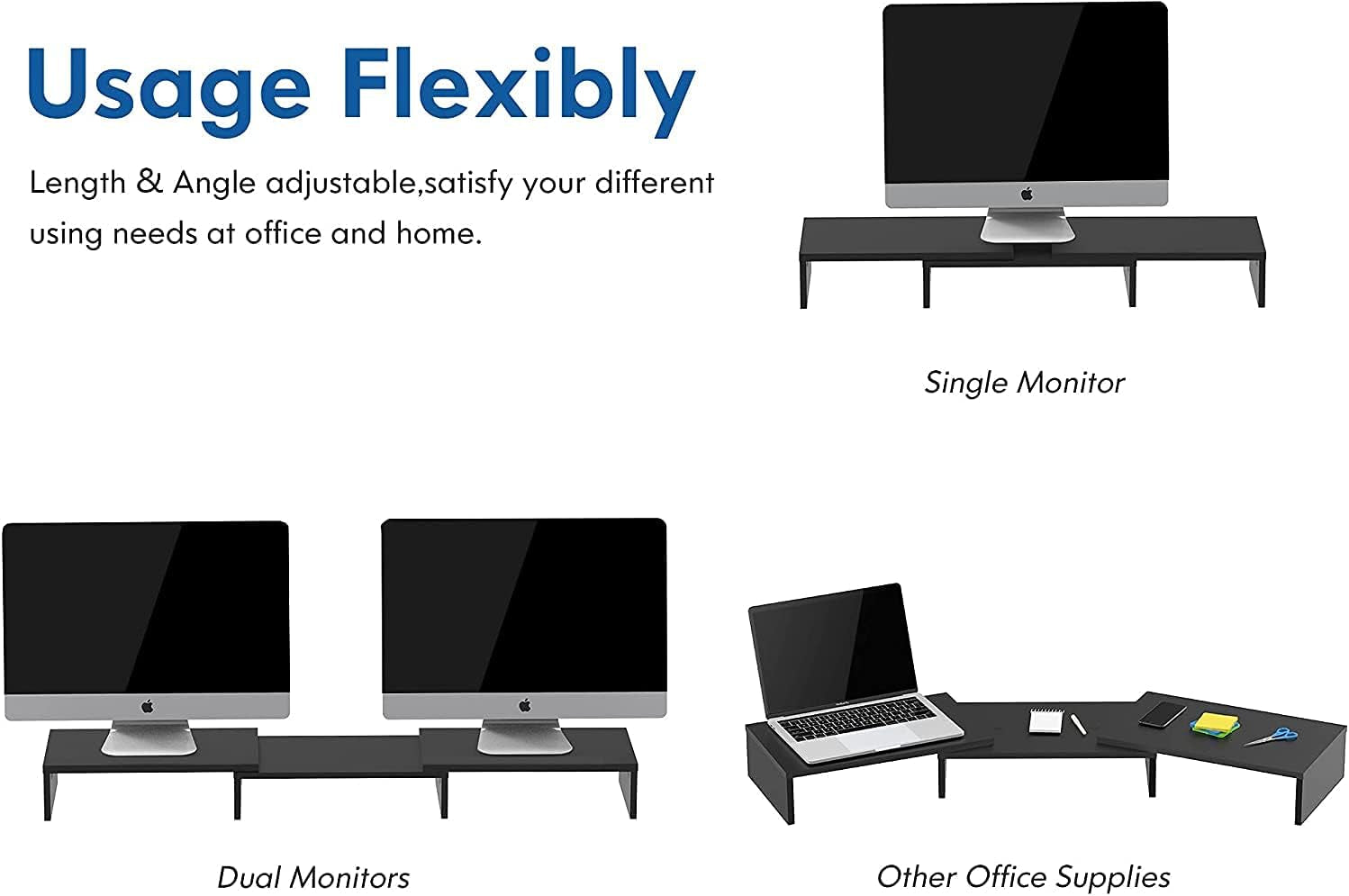 Dual Monitor Stand – 3 Shelf Computer Monitor Riser, Wood Desktop Stand with Adjustable Length and Angle, Desk Accessories, Office Supplies Medium Black,Dt108001Wb