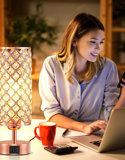 Load image into Gallery viewer, Crystal Table Lamp, Rose Gold Lamp with USB C+A Ports, 3 Way Dimmable Light with Crystal Lampshade, Bedside Lamp Small Touch Light for Living Room Bedroom Home, Charge Phone (Bulb Included)
