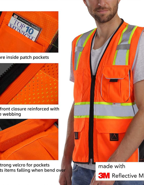 Load image into Gallery viewer, Vest Reflective Orange Mesh, High Visibility Vest with Pockets and Zipper, Heavy Duty Vest Made with 3M Reflective Tape 2XL
