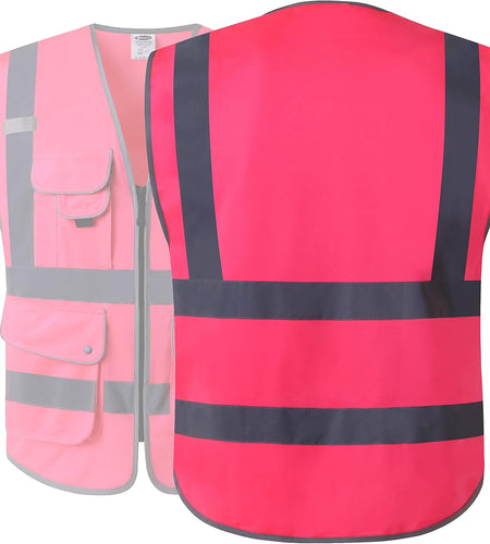 9 Pockets Class 2 High Visibility Zipper Front Safety Vest with Reflective Strips, Meets ANSI/ISEA Standards (Large, 150-Pink)