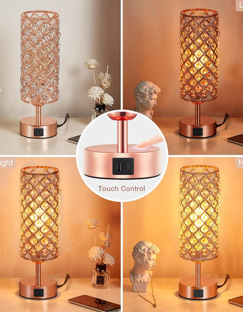 Load image into Gallery viewer, Crystal Table Lamp, Rose Gold Lamp with USB C+A Ports, 3 Way Dimmable Light with Crystal Lampshade, Bedside Lamp Small Touch Light for Living Room Bedroom Home, Charge Phone (Bulb Included)

