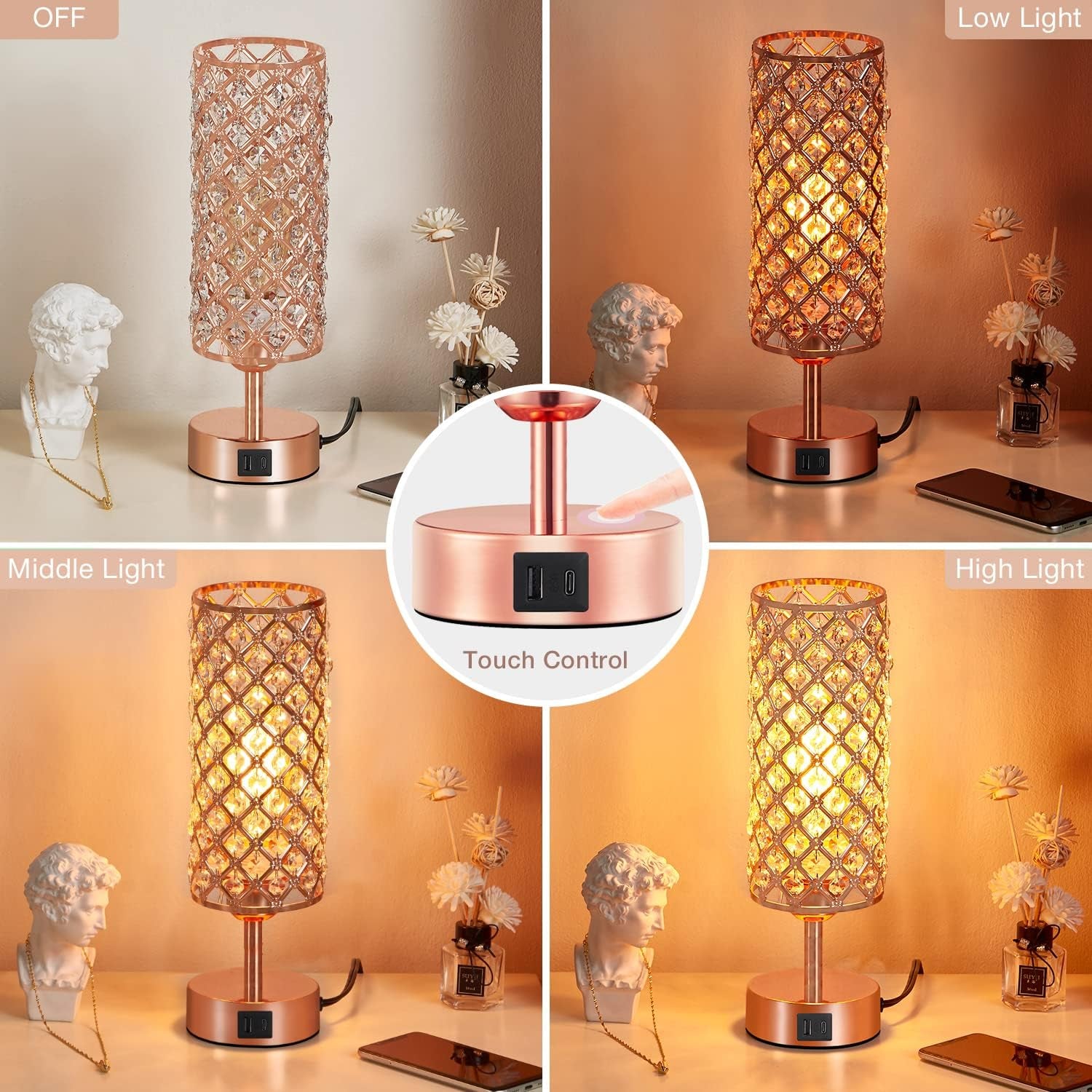 Crystal Table Lamp, Rose Gold Lamp with USB C+A Ports, 3 Way Dimmable Light with Crystal Lampshade, Bedside Lamp Small Touch Light for Living Room Bedroom Home, Charge Phone (Bulb Included)