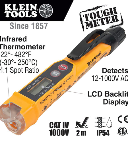 NCVT-4IR Non-Contact Volt Tester, 12 - 1000V AC Pen with IR Thermometer -22 to 482 Deg F, LED and Audible Alarms, Pocket Clip