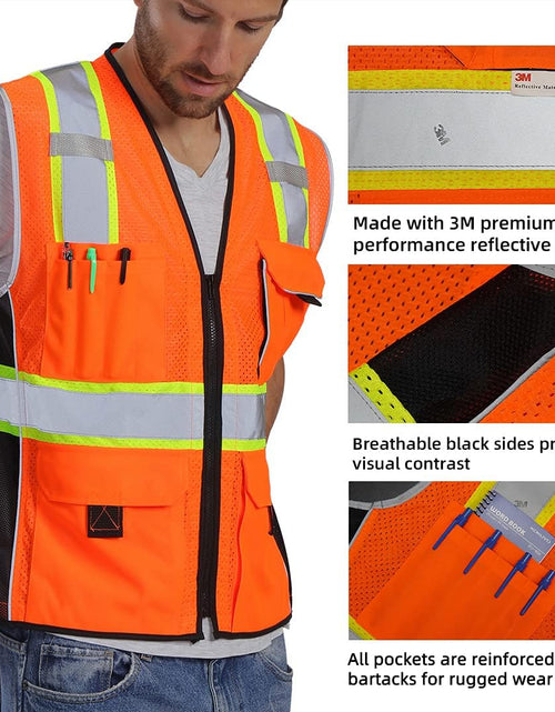 Load image into Gallery viewer, Vest Reflective Orange Mesh, High Visibility Vest with Pockets and Zipper, Heavy Duty Vest Made with 3M Reflective Tape 2XL
