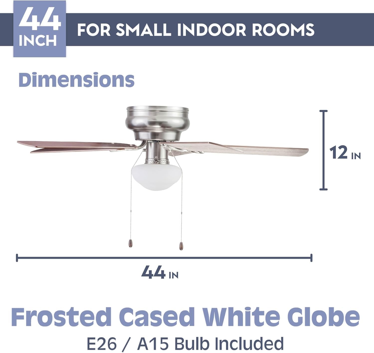 Alvina, 44 Inch Traditional Flush Mount Indoor LED Ceiling Fan with Light, Pull Chain, Dual Finish Blades, Reversible Motor - 51585-01 (Satin Nickel)
