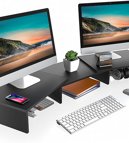 Dual Monitor Stand – 3 Shelf Computer Monitor Riser, Wood Desktop Stand with Adjustable Length and Angle, Desk Accessories, Office Supplies Medium Black,Dt108001Wb