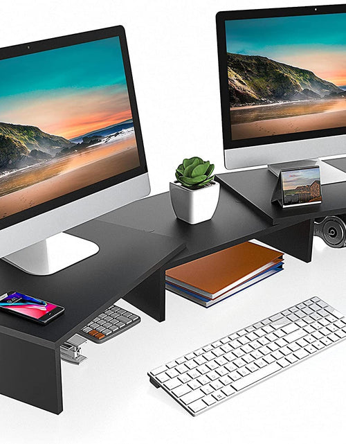 Load image into Gallery viewer, Dual Monitor Stand – 3 Shelf Computer Monitor Riser, Wood Desktop Stand with Adjustable Length and Angle, Desk Accessories, Office Supplies Medium Black,Dt108001Wb
