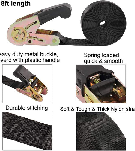 Endless Ratchet Tie down Straps Heavy Duty Cargo Tie Downs, Durable Nylon Black Strap down Ratcheting Securing Straps, Track Spring Fittings, Tie-Down Motorcycles, Trailer Loads, Kayak (8Ft - 4Pack)