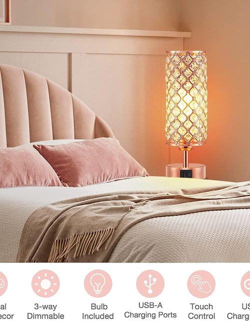 Load image into Gallery viewer, Crystal Table Lamp, Rose Gold Lamp with USB C+A Ports, 3 Way Dimmable Light with Crystal Lampshade, Bedside Lamp Small Touch Light for Living Room Bedroom Home, Charge Phone (Bulb Included)
