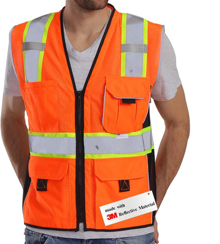 Vest Reflective Orange Mesh, High Visibility Vest with Pockets and Zipper, Heavy Duty Vest Made with 3M Reflective Tape 2XL