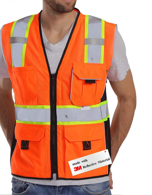 Load image into Gallery viewer, Vest Reflective Orange Mesh, High Visibility Vest with Pockets and Zipper, Heavy Duty Vest Made with 3M Reflective Tape 2XL
