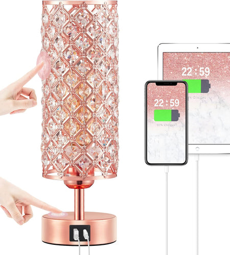 Crystal Table Lamp, Rose Gold Lamp with USB C+A Ports, 3 Way Dimmable Light with Crystal Lampshade, Bedside Lamp Small Touch Light for Living Room Bedroom Home, Charge Phone (Bulb Included)