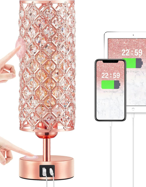 Load image into Gallery viewer, Crystal Table Lamp, Rose Gold Lamp with USB C+A Ports, 3 Way Dimmable Light with Crystal Lampshade, Bedside Lamp Small Touch Light for Living Room Bedroom Home, Charge Phone (Bulb Included)
