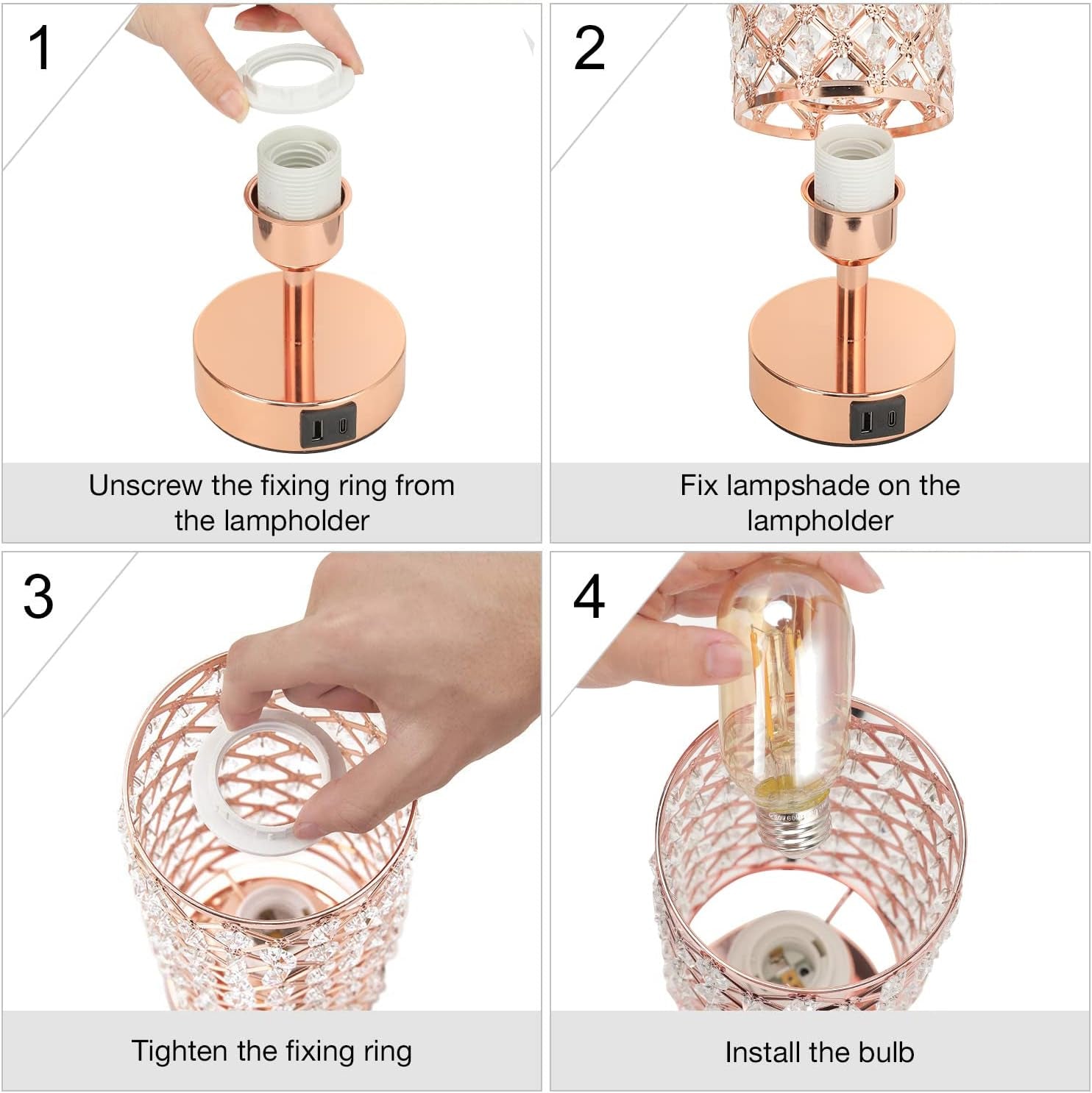 Crystal Table Lamp, Rose Gold Lamp with USB C+A Ports, 3 Way Dimmable Light with Crystal Lampshade, Bedside Lamp Small Touch Light for Living Room Bedroom Home, Charge Phone (Bulb Included)