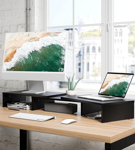 Dual Monitor Stand – 3 Shelf Computer Monitor Riser, Wood Desktop Stand with Adjustable Length and Angle, Desk Accessories, Office Supplies Medium Black,Dt108001Wb