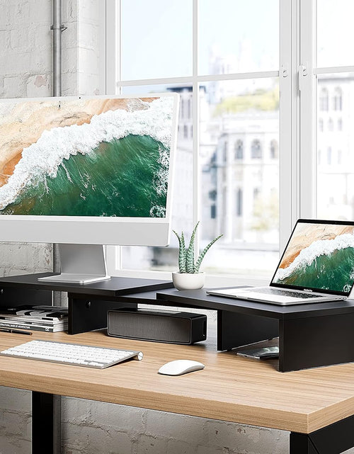 Load image into Gallery viewer, Dual Monitor Stand – 3 Shelf Computer Monitor Riser, Wood Desktop Stand with Adjustable Length and Angle, Desk Accessories, Office Supplies Medium Black,Dt108001Wb
