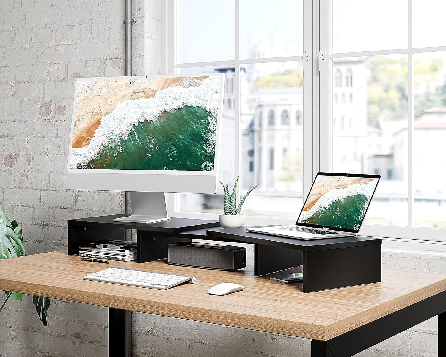 Dual Monitor Stand – 3 Shelf Computer Monitor Riser, Wood Desktop Stand with Adjustable Length and Angle, Desk Accessories, Office Supplies Medium Black,Dt108001Wb